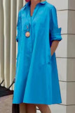 Темно-синее повседневное платье-рубашка в горошек с принтом в стиле пэчворк и пряжкой с отложным воротником Платья Платья
