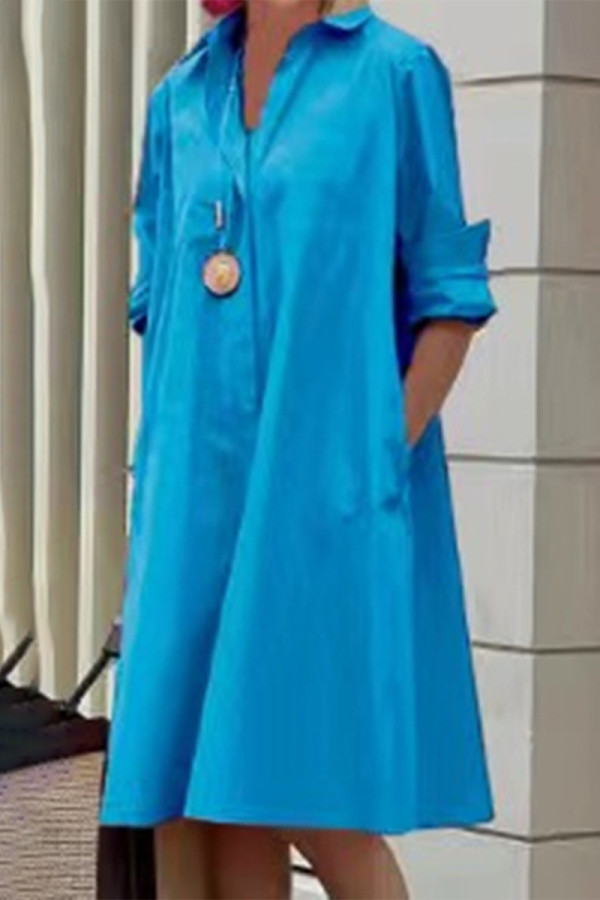 Camisa casual com estampa de bolinhas azul céu com fivela de gola virada para baixo Vestidos
