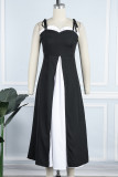 Schwarzes, sexy, lässiges Patchwork-Kleid mit rückenfreiem Schlitz, Kontrast-Spaghettiträger und ärmellosem Kleid