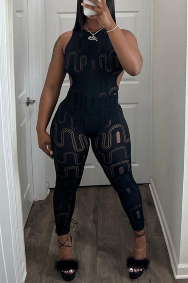 Black Sexy Casual Solid Ripped O Neck Skinny Jumpsuits