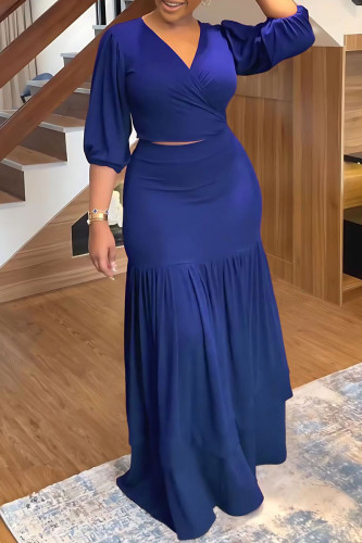 Blue Casual Solid Frenulum V Neck Three Quarter Two Pieces