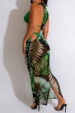Ink Green Sexy Print Hollowed Out See-through Backless Asymmetrical Half A Turtleneck Sleeveless Three Piece Set