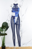 Blue Sexy Print Patchwork See-through Zipper O Neck Skinny Jumpsuits