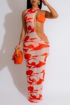Oranje sexy print uitgehold doorzichtige rugloze asymmetrische halve coltrui mouwloze driedelige set
