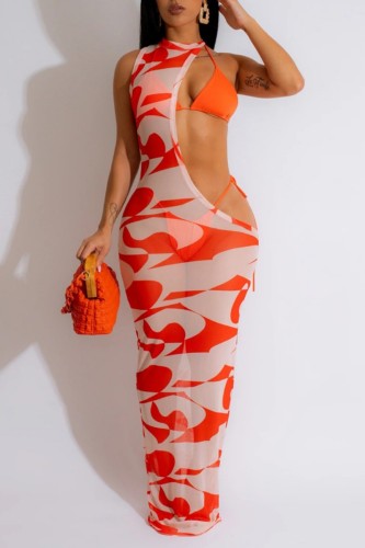 Orangefarbenes, sexy, ausgehöhltes, durchsichtiges, rückenfreies, asymmetrisches, halbes Rollkragenpullover, ärmelloses dreiteiliges Set