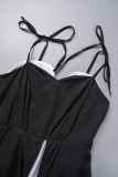 Black Sexy Casual Patchwork Backless Slit Contrast Spaghetti Strap Sleeveless Dress Dresses