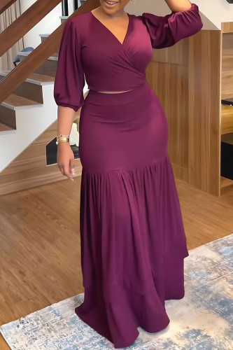 Purple Casual Solid Frenulum V Neck Three Quarter Two Pieces