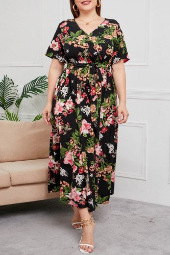 Black Casual Print Patchwork V Neck Long Dress Plus Size Dresses