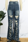 Blue Casual Solid Patchwork High Waist Regular Baggy Ripped Denim Jeans