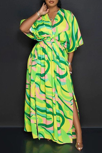 Green Casual Print Patchwork Slit Fold V Neck Irregular Dress Dresses