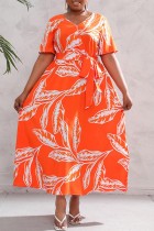 Oranje casual print patchwork lange jurk met V-hals Grote maten jurken