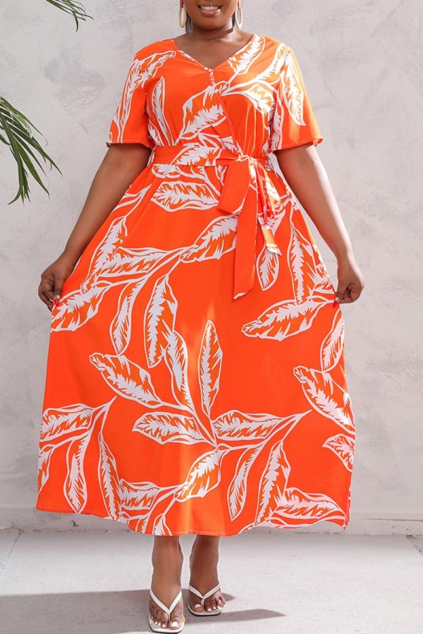 Orangefarbenes, lässiges Patchwork-Kleid mit V-Ausschnitt und langem Kleid in Übergröße