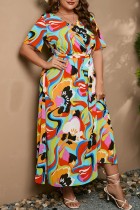 Veelkleurige casual print patchwork lange jurk met V-hals Grote maten jurken