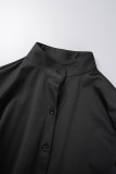 Blusas de colarinho frênulo de patchwork sólidas casuais pretas