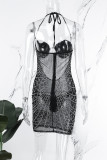 Schwarze Sexy Party Hot Drilling ausgehöhlte Hot Drill Spaghetti Strap Sling Dress Kleider