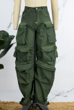 Grüne, lässige, solide Patchwork-Hose mit normaler hoher Taille und herkömmlicher einfarbiger Hose