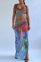 Blue Sexy Print See-through Slit Spaghetti Strap Long Dress Dresses