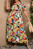 Mehrfarbiges, lässiges Patchwork-Kleid mit V-Ausschnitt und langem Kleid in Übergröße