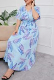 Небесно-голубое повседневное длинное платье с принтом в стиле пэчворк и V-образным вырезом Платья больших размеров