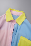 ブルー カジュアル パッチワーク コントラスト シャツ カラー 半袖 XNUMX ピース