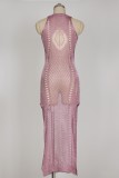Vestido de praia moda sexy roxo claro vazado transparente