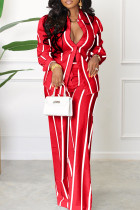 Red Casual Striped Print Basic Turndown Collar Long Sleeve Two Pieces