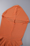 Vestidos de falda de un paso con cuello de bufanda de malla transparente de patchwork sólido sexy naranja