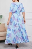 Sky Blue Casual Print Patchwork V Neck Long Dress Plus Size Dresses