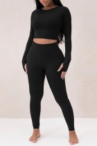 Black Casual Sportswear Solid Basic O Neck Long Sleeve Two Pieces
