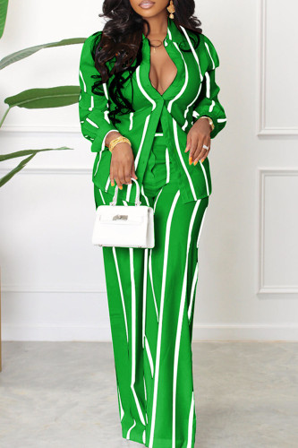 Green Casual Striped Print Basic Turndown Collar Long Sleeve Two Pieces