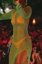 Зеленые сексуальные однотонные выдолбленные прозрачные длинные платья с круглым вырезом и разрезом Платья