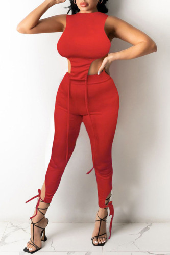 Red Casual Solid Asymmetrical O Neck Sleeveless Two Pieces