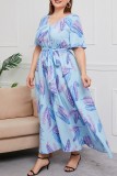 Light Blue Casual Print Patchwork V Neck Long Dress Plus Size Dresses