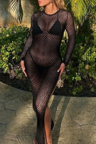 Black Sexy Solid Hollowed Out See-through Slit O Neck Long Dress Dresses