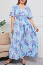 Hemelsblauw casual print patchwork lange jurk met V-hals Grote maten jurken