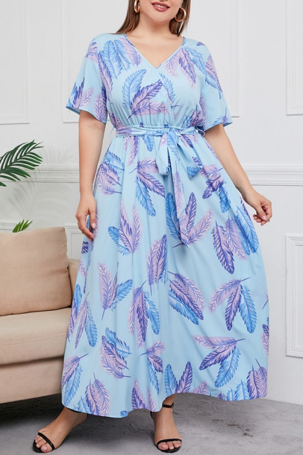 Himmelblaues, lässiges, bedrucktes, langes Patchwork-Kleid mit V-Ausschnitt und Kleider in Übergröße