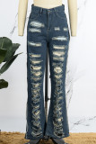 Jeans jeans regular cintura alta azul casual sólido patchwork rasgado