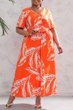 Orange Casual Print Patchwork V Neck Long Dress Plus Size Dresses