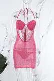 Roze Sexy Party Hot Drilling Uitgeholde Hot Drill Spaghetti Strap Sling Dress Jurken