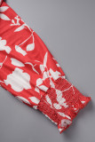 Roos Rood Casual Dagelijks Bloemen Bandage Patchwork Opdrukken Stringy Zelfkant Smockwerk V-hals Halve mouw Tweedelig