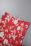Rose Red Casual Daily Floral Bandage Stampa patchwork Cimossa filante Smocking Scollo a V Mezza manica Due pezzi