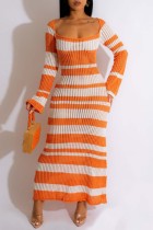 Оранжевые повседневные платья в стиле пэчворк с контрастным квадратным воротником и длинными рукавами
