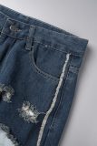 Blue Casual Solid Patchwork High Waist Regular Baggy Ripped Denim Jeans