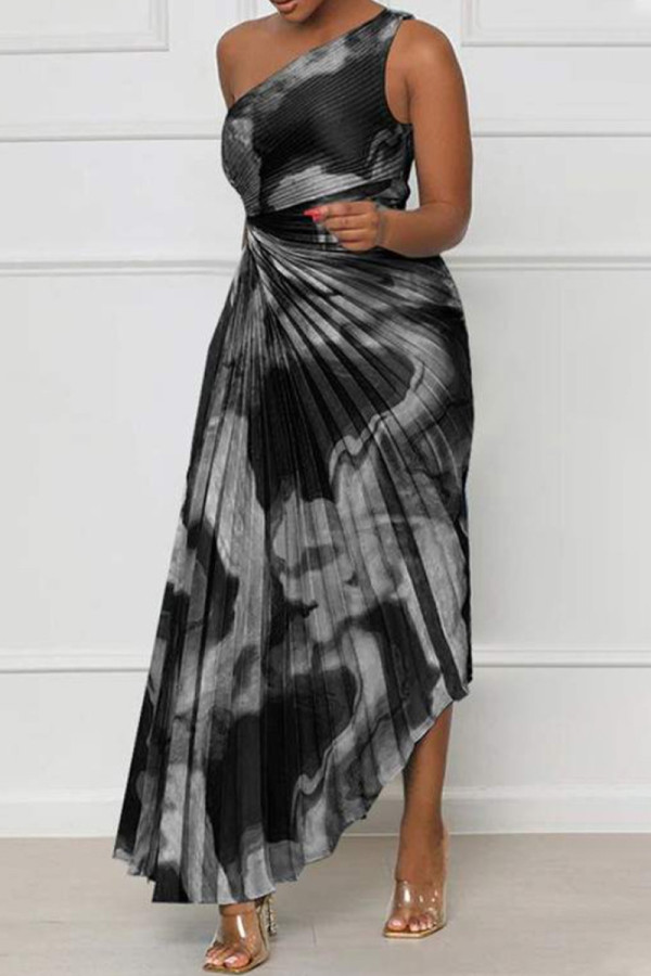 Zwarte sexy elegante print patchwork vouw asymmetrische schuine kraag onregelmatige jurkjurken