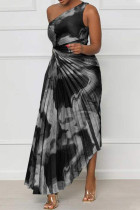 Zwarte sexy elegante print patchwork vouw asymmetrische schuine kraag onregelmatige jurkjurken