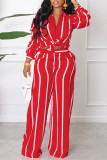Pink Casual Striped Print Basic Turndown Collar Long Sleeve Two Pieces