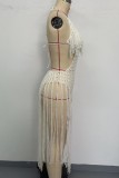 White Sexy Solid Tassel Bandage Backless Swimwears Cover Up