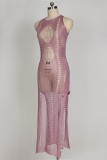 Vestido de praia moda sexy roxo claro vazado transparente