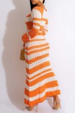 Vestidos casuales de manga larga con cuello cuadrado en contraste de patchwork naranja