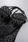 Schwarze Sexy Party Hot Drilling ausgehöhlte Hot Drill Spaghetti Strap Sling Dress Kleider
